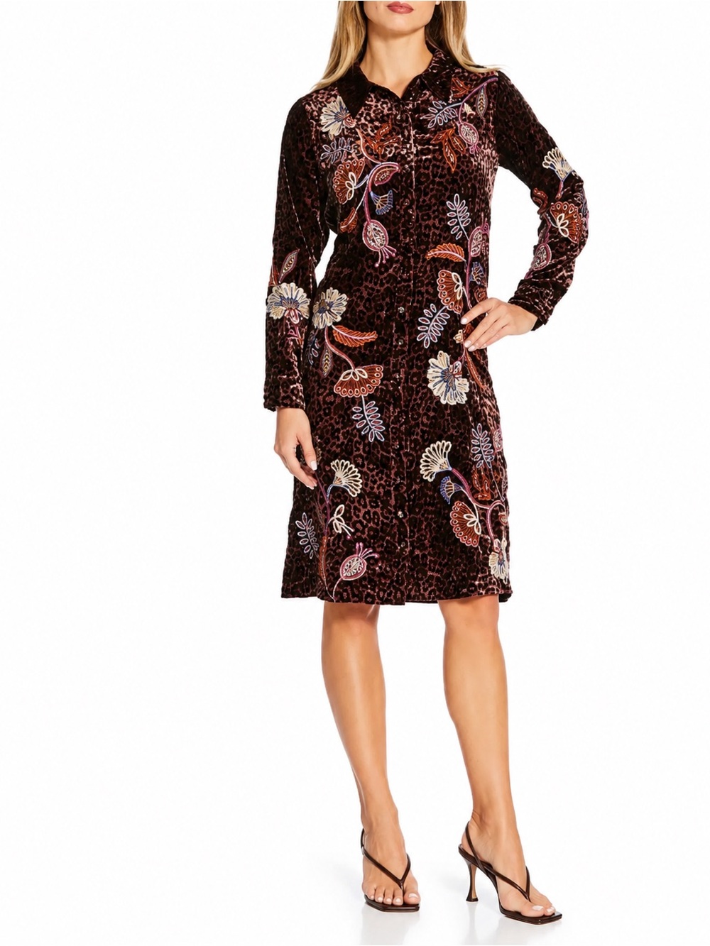 Johnny Was Dark Brown Velvet Embroidered Long-Sleeve Shirt Dress